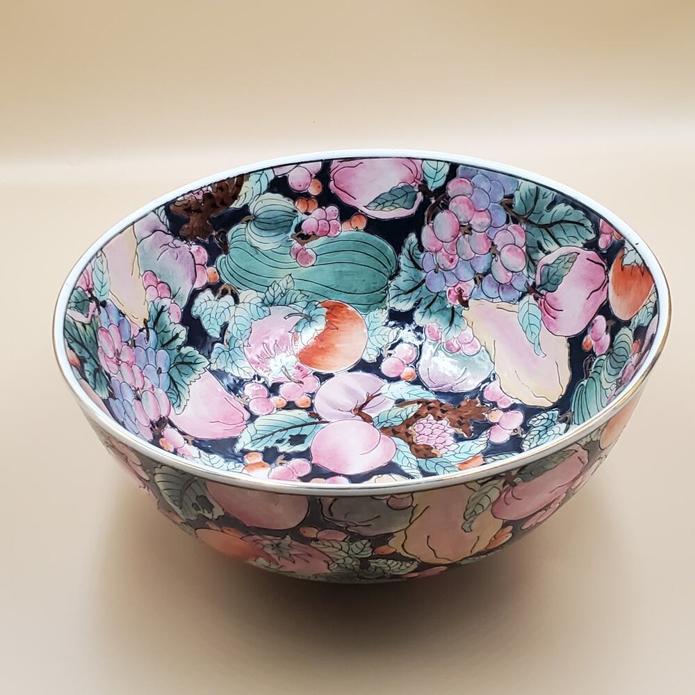 Vintage Chinese Fruit Bowl Cloisonne? Enamel Painted Centerpiece 10"